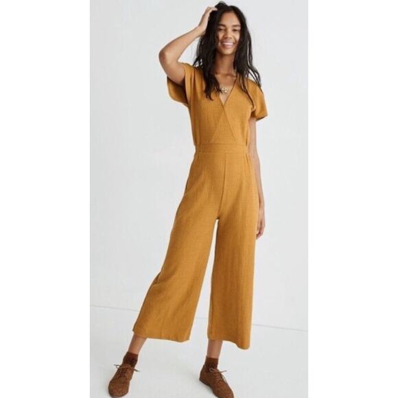 Madewell Texture & Thread Mustard Wide Leg Wrap Jumpsuit Romper Size Medium - Picture 2 of 6